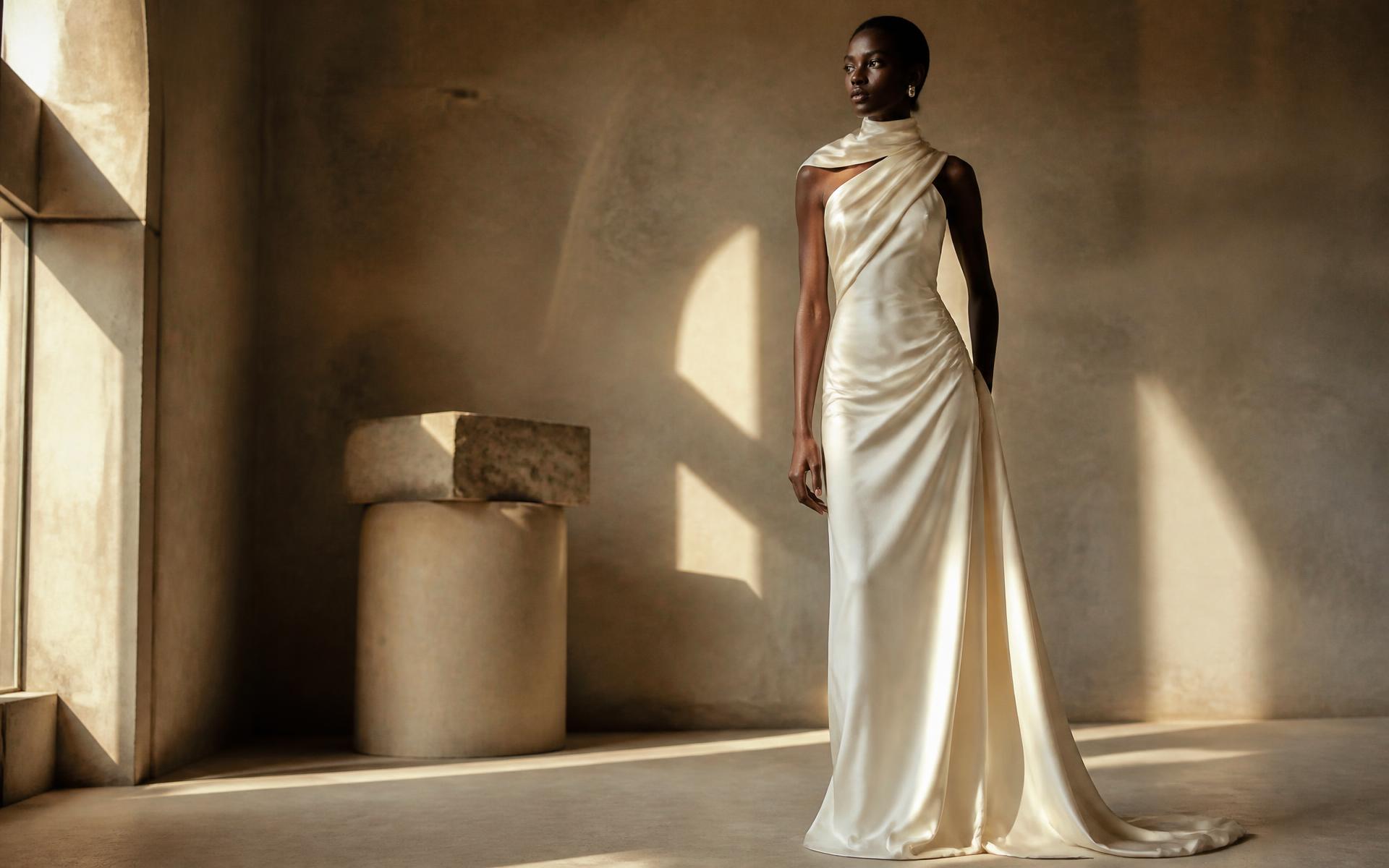 T.I.O campaign — ivory silk gown in a sunlit atelier